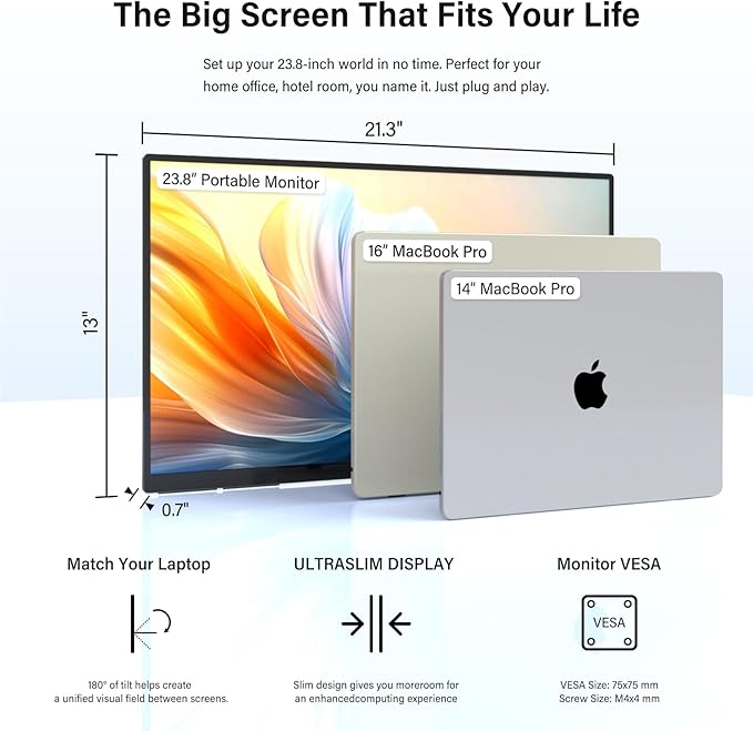 InnoView Large Portable Monitor 23.8inch FHD 1080P 144Hz USB-C, HDMI Computer Display HDR 100% sRGB IPS Gaming Monitor W/180°Adjustable DC Eyes Care Stand for Laptop PC MAC Phone PS4 Xbox Switch