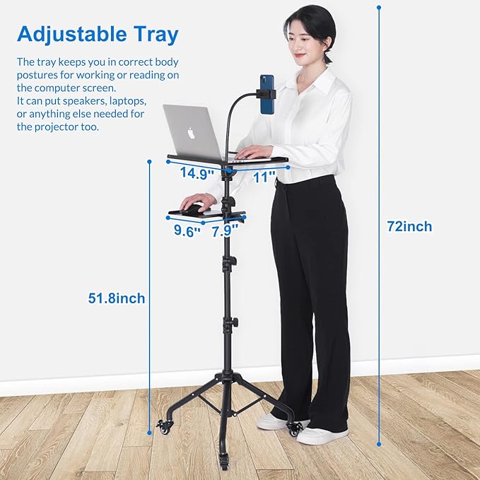 Tossbiss Laptop Tripod on Wheels with 2 Shelves, Portable Projector Floor Stand Adjustable Height 25.9 to 51.8 Inch with Phone Holder