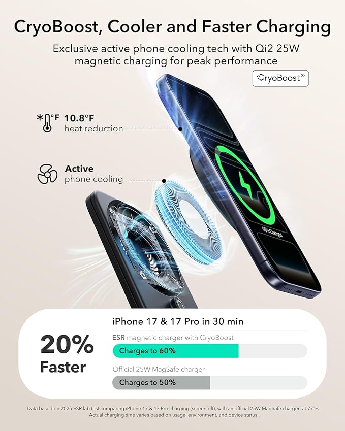 ESR 3 in 1 Charging Station for Apple, Qi2.2 25W MagSafe Charger with CryoBoost, Phone-Cooling Wireless Charging Station Foldable, for iPhone 17/16 with iOS 26(50W Adapter), AirPods, Apple Watch,Black