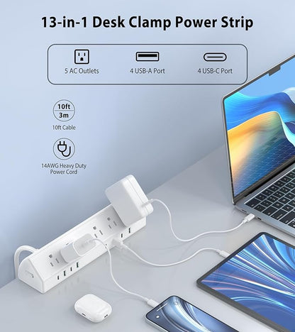 45W Fast Charging Station,Desk Clamp Power Strip,4 PD USB-C Ports,5 AC Outlets,Surge Protector Power Strip, 14AWG Heavy Duty Cord, Fits 1.9" Tabletop Edge (White, 10 FT Cable)