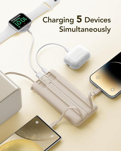 VRURC Portable Charger Power Bank,10000mAh Travel Essentials Battery Pack, 5 Outputs 2 Inputs Slim USB C Charging Bank Built-in Cables Cords for iPhone 17 16 15 13,Samsung,Android-Light Coffee(1 Pack)