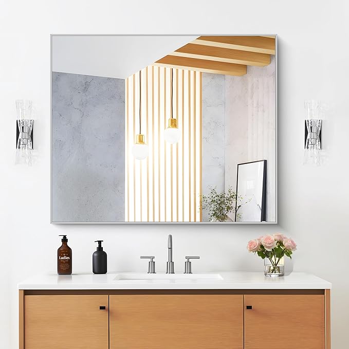 30" x 30"Bathroom Mirror, Silver Rectangle Corner Wall Mirror with Metal Frame, Decorative Rectangular Vanity Mirror for Bedroom Bathroom Living Room Entryway (Horizontal/Vertical)