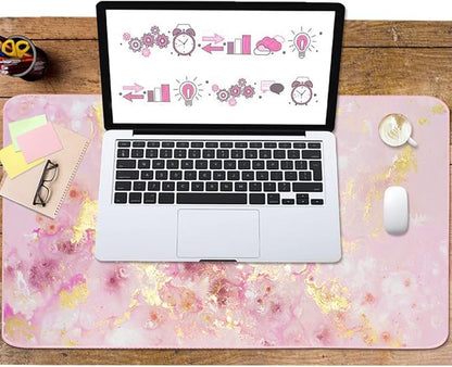 Extended Gaming Mouse Pad(35.4x15.7 in), Large Desk Pad Laptop Computer Keyboard Mat Waterproof Desk Decor Writing Pad for Work, Game, Office, Home - Pink Gold Marble