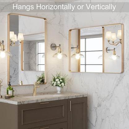LOAAO 24”X32” Gold Bathroom Mirror, Rounded Rectangle Gold Frame Mirror, Brushed Gold Bathroom Vanity Mirror Wall-Mounted, Anti-Rust, Hangs Horizontally or Vertically