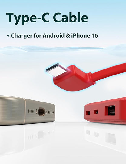 miisso 6000mah Ultra Slim Built in Cables Power Bank, Card Size Built in USB C Cords Battery Pack Portable Charger for Phones, 3 Output External Battery Pack Compatible with iPhone, Red