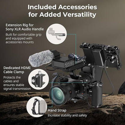 SMALLRIG Cage for Sony FX2, HawkLock Quick Release Camera Cage Kit for Sony with XLR Handle Extension, Wrist Strap and Cable Clamp for HDMI, QR Cold Shoe, Built in NATO Rail/QR Plate for Arca - 5588