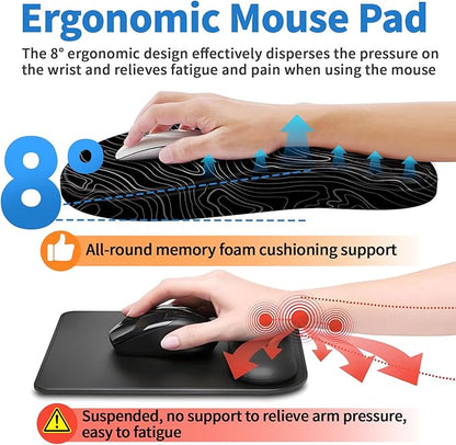 YIWEI Ergonomic Mouse Pad with Wrist Rest - Comfortable Office Mousepad with Memory Foam Wrist Support for Carpal Tunnel Relief, Mouse Pads with Non-Slip Base for Gaming and Home (Topographic Map)