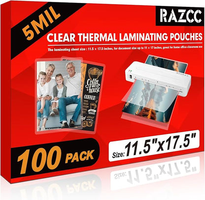 RAZCC Laminating Sheets, 100 Pack Clear Thermal Laminating Plastic Paper Laminator Sheets, 11 x 17-Inch, 5mil, Ideal Office or School Supplies