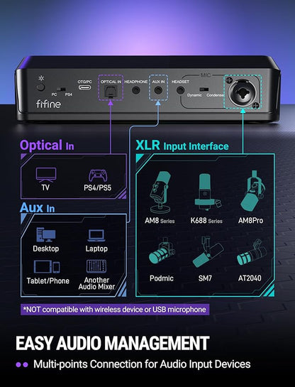 Fifine Gaming Mixer for Voice Chat and Streaming- 7.1ch Surround Sound Headphone Amp-XLR Preamp-USB Plug & Play-Voice Changer-RGB-Volume Control-3 EQ Modes Ampligame SC8