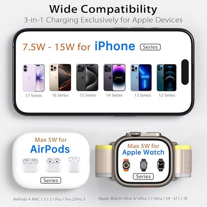 KU XIU X40 Foldable Magnetic Wireless Charger, 3-in-1 Charging Station for iPhone 17/16/15/14/13/12 & iPhone Air, 5W Fast Charging for Apple Watch S11–4/SE/Ultra 3/2/1, AirPods 4/3/2/Pro – Black