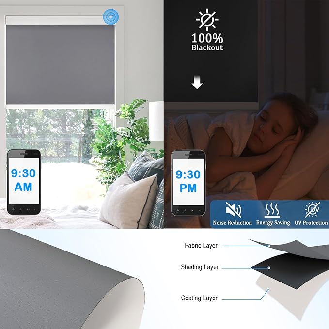 COOLWINDS Motorized Blinds with Remote Cordless Automatic Motorized Shades Custom Blinds for Windows Smart Curtains Compatible with Alexa Google Home(Blackout Thunder Grey,W52 x H72in)