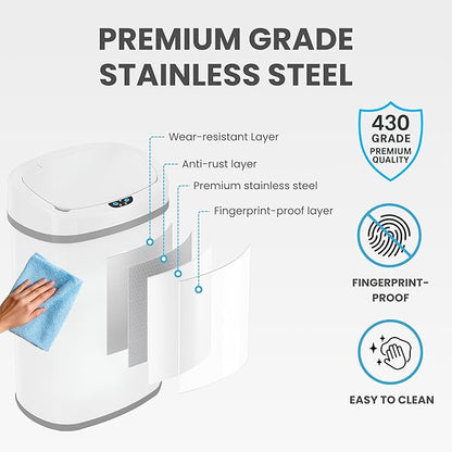 iTouchless 13 Gallon Oval Sensor Trash Can with Odor Filter, Automatic Motion Sensor Kitchen Bin, Soft-Close White Steel, Slim Curved Design for Nursery, Bathroom & Clinic