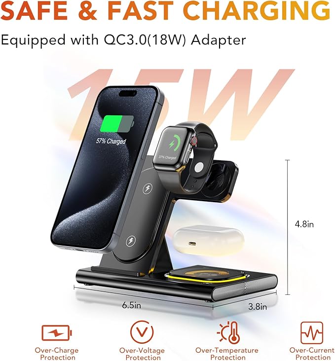 3 in 1 Charging Station for iPhone 17 - Wireless Charger for Apple Devices for iPhone 17 16 15 14 13 12 11 Pro Max - Foldable Wireless Charging Station Dock Stand for Apple Watch Series & AirPods