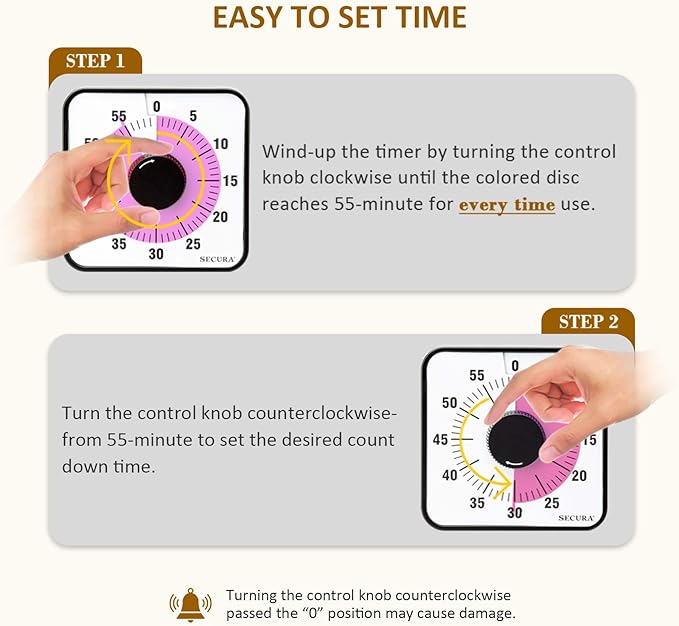 Secura 60-Minute Visual Countdown Timer, 7.5-Inch Oversize Classroom Visual Timer for Kids and Adults, Durable Mechanical Kitchen Timer Clock with Magnetic Backing (Peony Color)