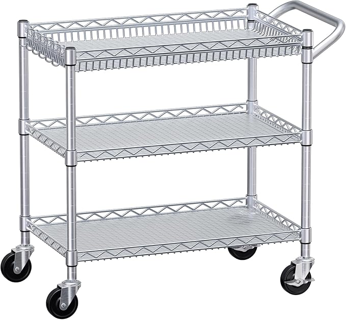 WDT 990Lbs Capacity Heavy Duty Rolling Utility Cart, NSF Rolling Carts with Wheels,Commercial Grade Metal Cart with Handle Bar & Shelf Liner,Trolley Serving Cart for Kitchen,Restaurant,Silver