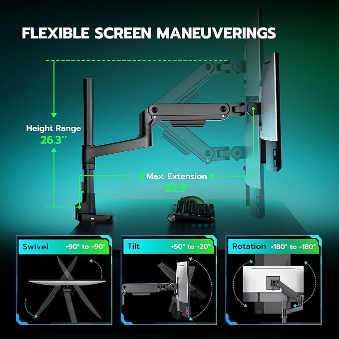 ARES WING Heavy Duty Monitor Arm with USB A/C, Tall Ultrawide Monitor Arm for 17 to 49 Inch Screen, Holds 44 Lbs, Adjustable Gas Spring Desk Mount, Black