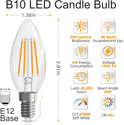 GvvooHome LED Candelabra Light Bulbs, E12 Bulb dimmable, 4W,40 watt Equivalent, Chandelier Light Bulbs, B10 Candle Bulb 2700K Soft White, 90+CRI, 400LM, Clear Glass, 48 Pack