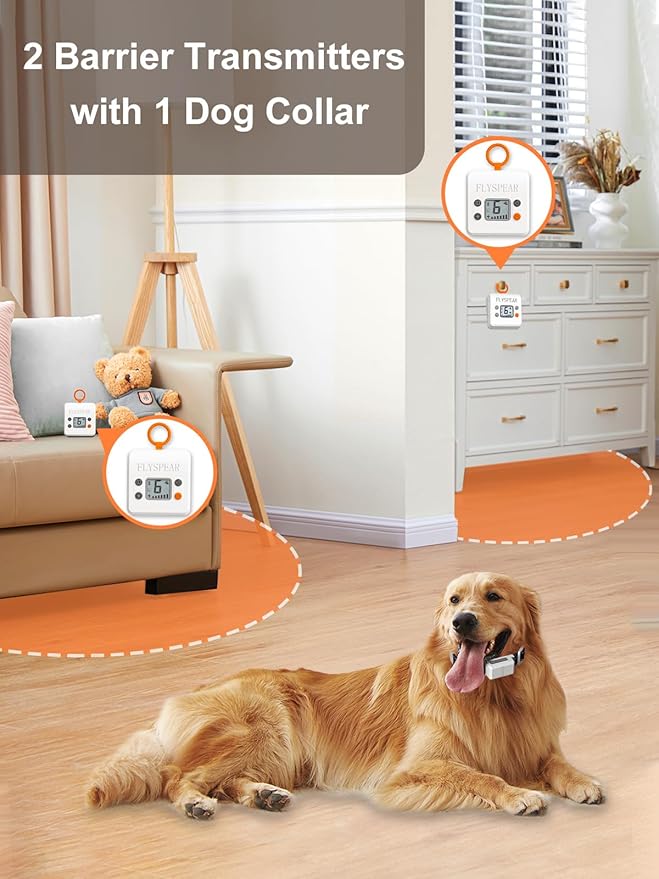 FLYSPEAR Wireless Pet Barrier with 2 Transmitters - Rechargeable Indoor Barrier with 6 Adjustable Range Radius up to 7 ft, 6 Adjustable Safe Static Intensity, Electric Fence System for Dogs with Hook