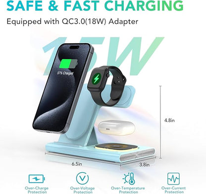 3 in 1 Charging Station for iPhone 17 - Wireless Charger for Apple Products for iPhone 17 16 15 14 13 12 11 Pro Max - Foldable Wireless Charging Station Dock Stand for iWatch Series & AirPods(Blue)