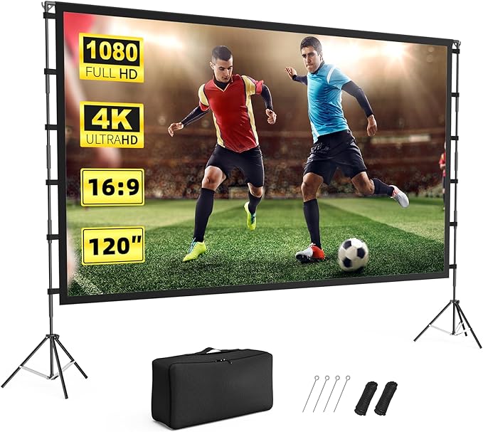 Projector Screen Outdoor, Vamvo Projector Screen with Stand Portable 120" Foldable ProjectorScreen, 10 Feet Indoor Movie-Screen with Carrying Bag for Home Theater Backyard Movie Night
