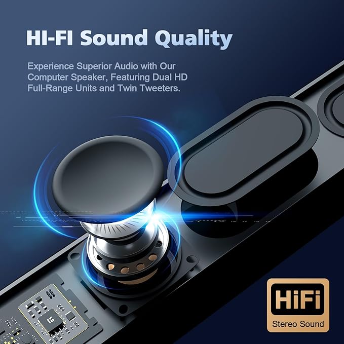 Computer Speakers for Desktop PC, HiFi Stereo Poratble 5.3 Bluetooth Computer Speakers, Computer Sound bar, 3.5mm Aux-in Pc Soundbar with Deep Impactful Bass, Gaming Speakers for PC,Laptop,Tablet