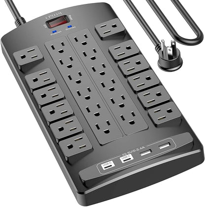 QINLIANF Surge Protector Power Strip - 10Ft Flat Plug Heavy Duty Extension Cord with 24 Outlets and 4 USB Ports(2 USB-C Ports), 1875W/15A, 4100J, for Home, Office, Dorm, ETL Listed, Black