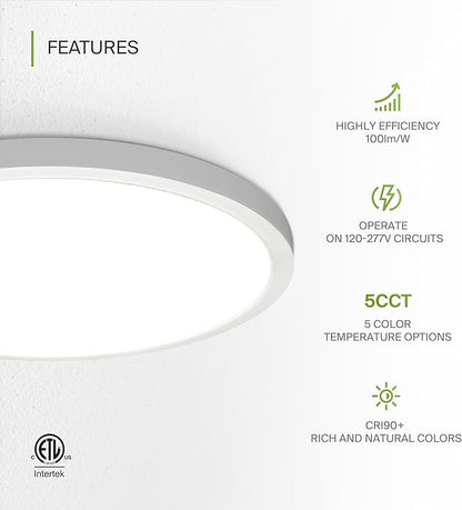 ASD LED 24" Round Flush Mount Ceiling Light Fixture, Low Profile Surface Lighting | 5CCT, Dimmable, Ultra-Thin, ETL Listed | 38W 2700LM 2700-6000K 100-277V | Kitchen, Hallway Lamp | White, 2 Pack