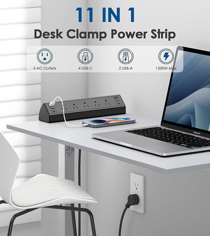 Jgstkcity Desk Clamp Power Strip USB C,40W Total Fast Charging Station,4 PD 20W USB C Ports,Desk Edge Mount Surge Protector,5 Outlets,Fit 1.96" Tabletop Edge,ETL Listed
