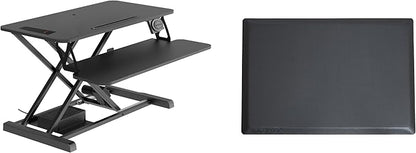 Rocelco 37.4" Electric Standing Desk Converter with Anti-Fatigue Floor Mat - AC USB Charger - Motorized Adjustable Sit Stand Up Computer Workstation Riser - Large Keyboard Tray - Black (R EDRB-MAFM)