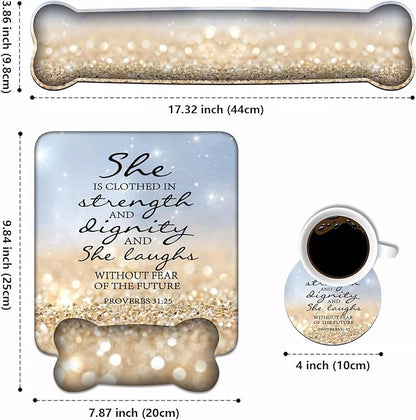 Wrist Rest Support Ergonomic Gel Mouse Pad & Memory Foam Keyboard Set, Non-Slip Rubber PU Base for Home Office Working Studying Easy Typing & Pain Relief - Bible Verses Proverbs 31:25