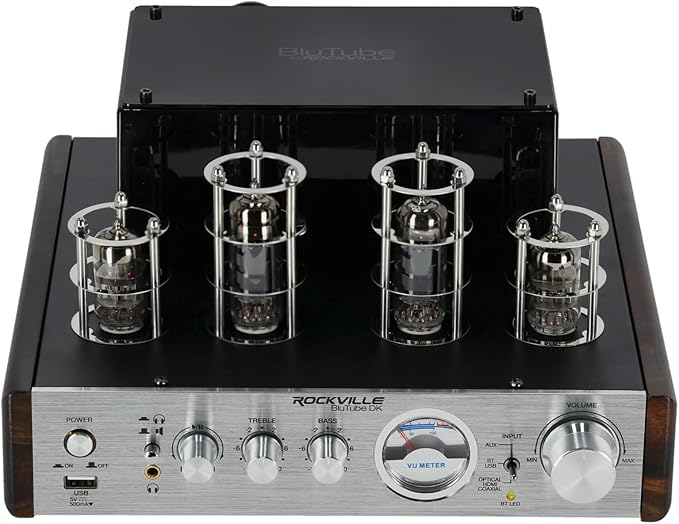 Rockville BluTube DK Audiophile Tube Amplifier with Bluetooth, 35Wx2 RMS @ 4 Ohm, HDMI/Optical/Coaxial Inputs, Sub Output, USB, RCA, VU Meter, Headphone Out