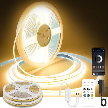 Pandery COB LED Strip Lights Warm White,24V Dimmable led Light Strip KIT with Remote and app Control,2700K 50FT/15m 8mm Wide Ra>90 Cuttable Flexible Strip Lights forBedroom,Wardrobe,Cabinet