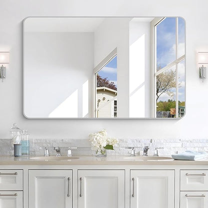 48x30 Inch Silver Bathroom Mirror, Metal Framed Silver Rectangle Mirrors, Rounded Rectangular Vanity Mirror, Wall Mounted Mirrors for Living Room Bedroom Entryway Hangs Horizontal or Vertical