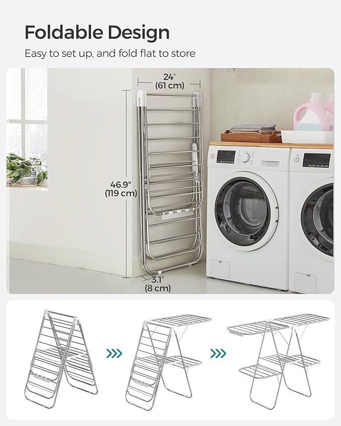 SONGMICS Clothes Drying Rack, Foldable 2-Level Laundry Drying Rack, Free-Standing Laundry Airer, with Height-Adjustable Wings, 33 Drying Rails, Sock Clips, Silver and White ULLR053W01V1
