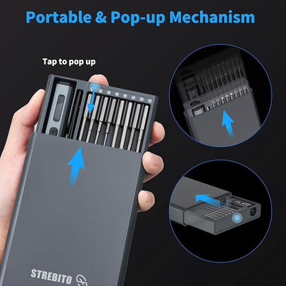 STREBITO Mini Electric Screwdriver Set, 70-in-1 Max Precision Electric Screwdriver Kit with Lights, 5 Upgraded Torque Levels, 64 Magnetic Bits, Electric Screwdriver Cordless for PC RC Electronics