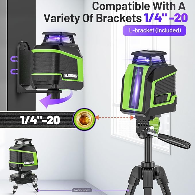 360° Laser Level, HUEPAR 82-165Ft 3 Brightness Levels Self Leveling Laser Level with Pulse Mode, Purple High Penetration Laser Rechargeable Li-ion Battery Lazer Leveler Tool for Indoor DIY Project