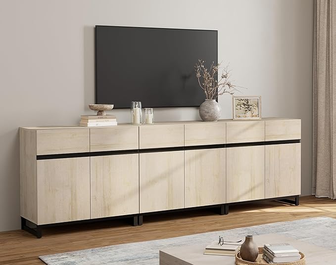WAMPAT Modern TV Stand for TVs Up to 110 Inch, 3 in 1 Wood Entertainment Center Console Table With Adjustable Shelves and Metal Base for Living Room, Bedroom, Light Oak