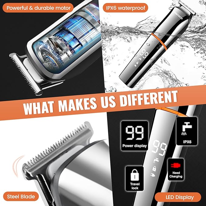 PRITECH Beard Trimmer for Men,6 in 1 Hair Clippers Kit, Precision Cordless Grooming Kit Waterproof IPX6 for Beard, Hair, Body, Nose, Ear, with Foil Razor (Silver)