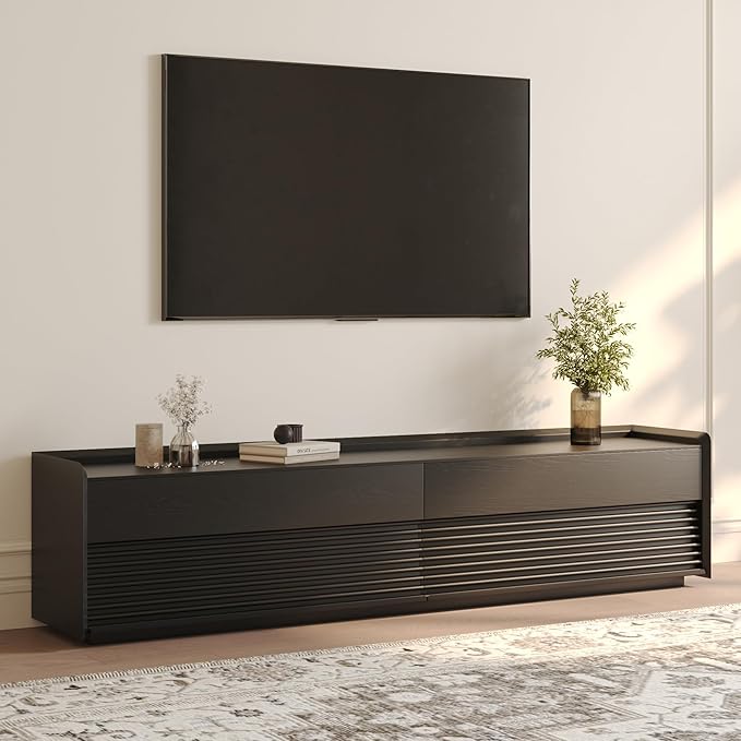 POVISON Fully-Assembled Mid Century Modern TV Stand, 78.74" Wood Media Console with Adjustable LED Light, Entertainment Center with Storage for Living Room