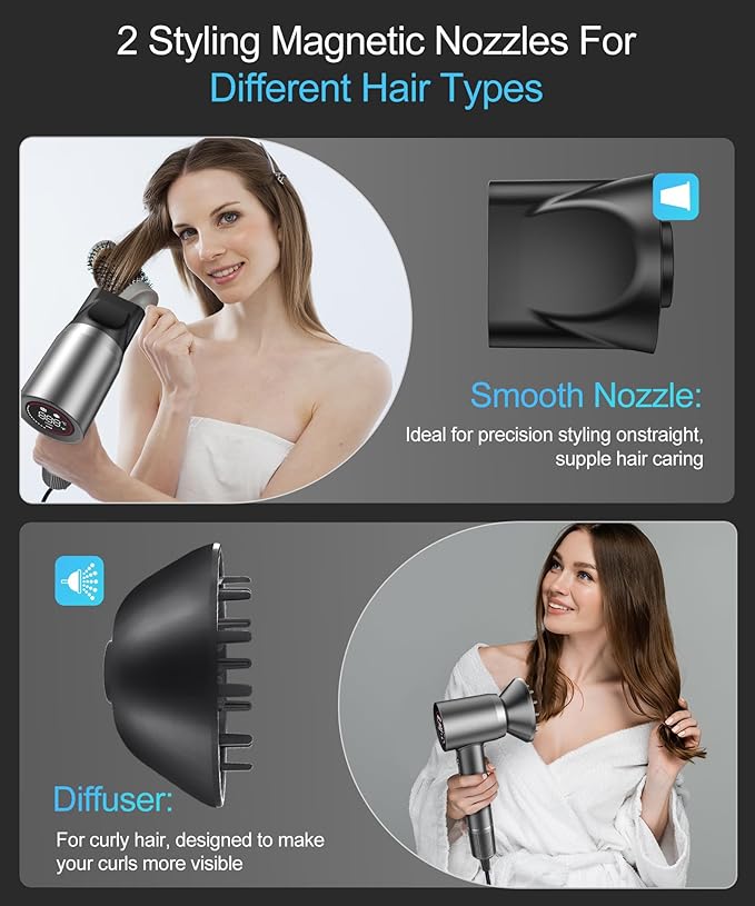 Cosy Companions Hair Dryer - Negative Ionic Blow Dryer with 150000 RPM High Speed Brushless Motor for Fast Drying, Low Noise, HD Display Hair Dryer with Diffuser and Nozzle, 5 Temps & 2 Speeds