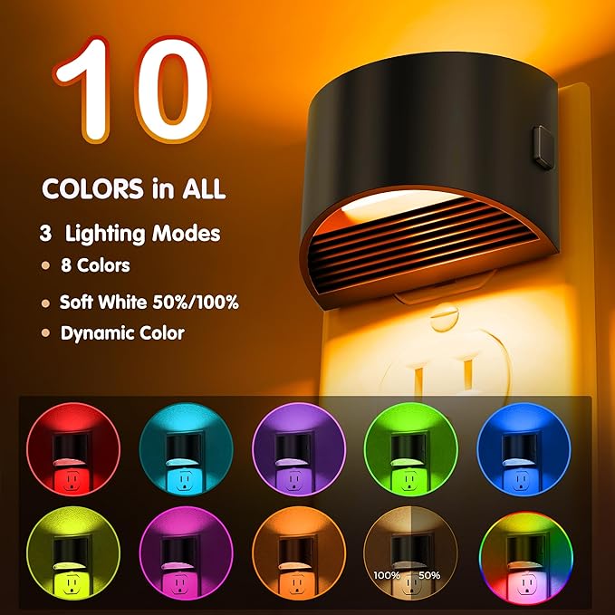 L LOHAS LED Night Lights Plug into Wall, Kids Night Lights with 8 RGB Color, Built-in Dusk to Dawn Sensor, Color Changing Mode, 2 Pack