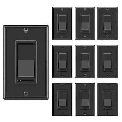 BESTTEN 10 Pack Dimmer Wall Light Switch, Compatible with Dimmable LED, CFL, Incandescent and Halogen Bulb, Single Pole or 3-Way Dimmer Switches, 120VAC, Decorator Wall Plate Included, Black