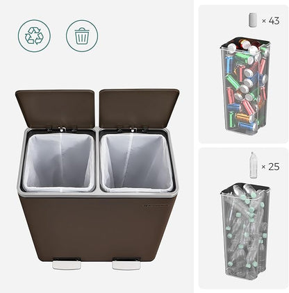 SONGMICS Trash Can, 2 x 8 Gallon (2 x 30 L) Garbage Can for Kitchen, with 15 Trash Bags, 2 Compartments, Plastic Inner Buckets and Hinged Lids, Airtight, Brown ULTB60BR