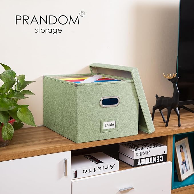 PRANDOM File Organizer Box - Set of 4 Collapsible Decorative Linen Filing Storage Hanging File Folders with Lids Office Cabinet Letter/Legal Size Green 17.1x14x11.1 inch