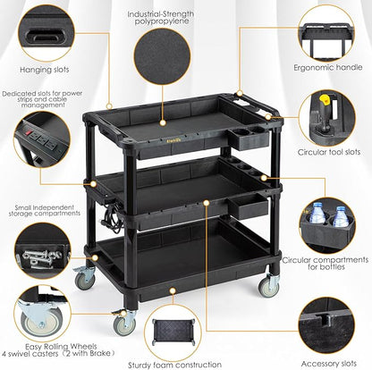 ELAFROS Multi-Use Rolling Cart with Power Strip – Industrial-Grade Plastic Utility Cart with 3 Deep Plastic Shelves, 500 lbs Capacity, 32.4"x18.3", Work cart, Black