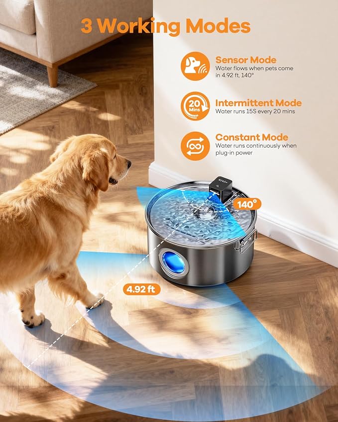 12L/ 3.4Gal Wireless Automatic Dog Water Fountain for Large Dogs，Stainless Steel 3 Modes Dog Fountain Water Bowl Dispenser, Multi Large Pet Water Fountain Ultra Quiet & Multi-Filteration