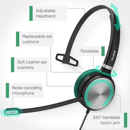 Yealink UH36 Professional USB Headset Wired Headphones for Work Calls and Music, Headset with Noise Cancelling Mic for Computer PC Laptop（UC Compatible, Mono,3.5mm Jack/USB Connection）