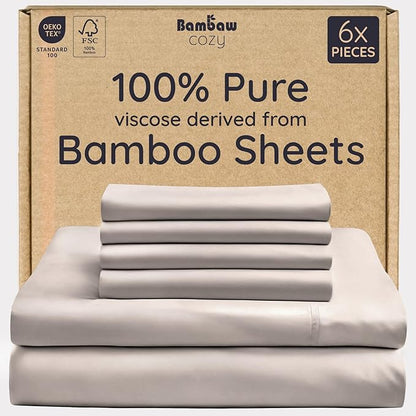 Bambaw 100% Viscose Derived from Bamboo Sheets Queen Size Set – 6pcs Cooling Queen Sheet Set, Deep Pocket Fits Up to 16'' with Elastic Corner Straps, Soft Sheets (Sand)