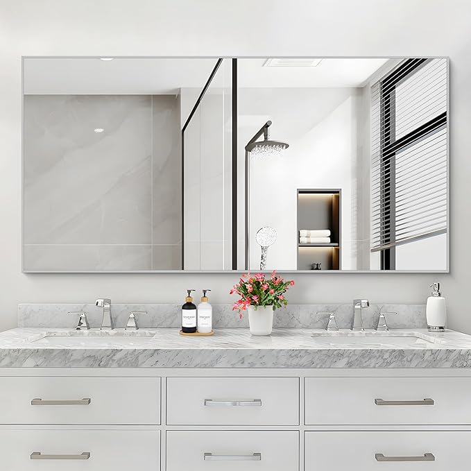 30x55In Silver Bathroom Mirror for Wall, Brushed Nickel Rectangle Mirrors with Metal Frame, Bathroom Rectangular Mirror Modern Wall Mirror for Bedroom Living Room, Hangs Horizontal or Vertical