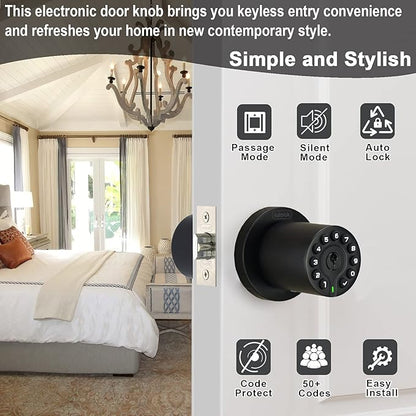 iulock IU-20 Code Door Lock, Electronic Door Knob with Keypad and Key, Auto Lock, Waterproof, Passage Function, Long Battery Life,50 Codes, Easy to use and Install for Office/Warehouse/Bedroom/Garage